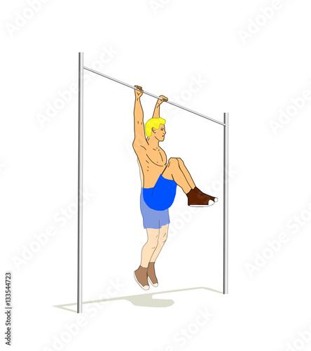 Man work out training on crome metallic cross bar. 