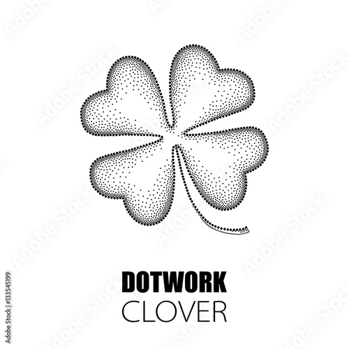 Vector illustration with dotted lucky four leaf clover or shamrock in black isolated on white background. Traditional symbol for St. Patrick day in dotwork or pointillism style for floral design.