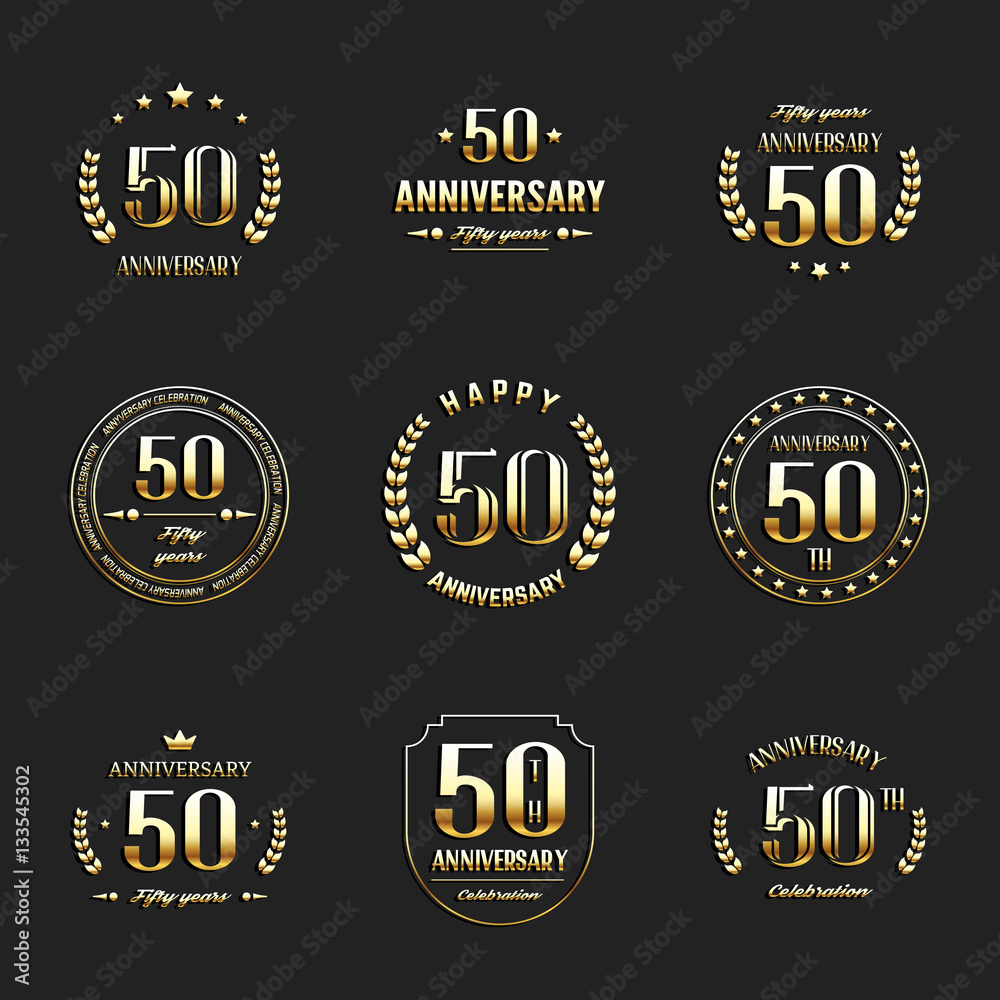 Fifty years anniversary celebration logotype. 50th anniversary gold logo set.