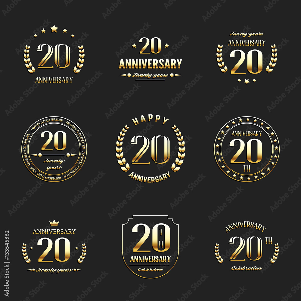 Twenty years anniversary celebration logotype. 20th anniversary gold logo set.