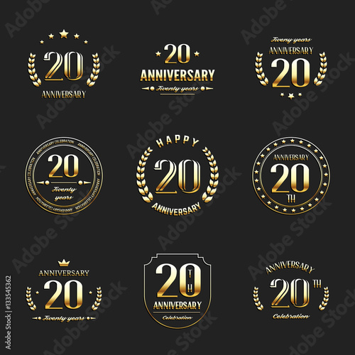 Twenty years anniversary celebration logotype. 20th anniversary gold logo set.