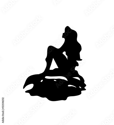 Girl mermaid silhouette with a tail on a rock isolated.