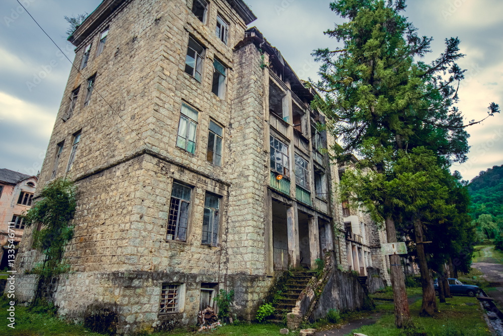 Abandoned mining ghost-town Jantuha, Abkhazia. Destroyed empty houses 