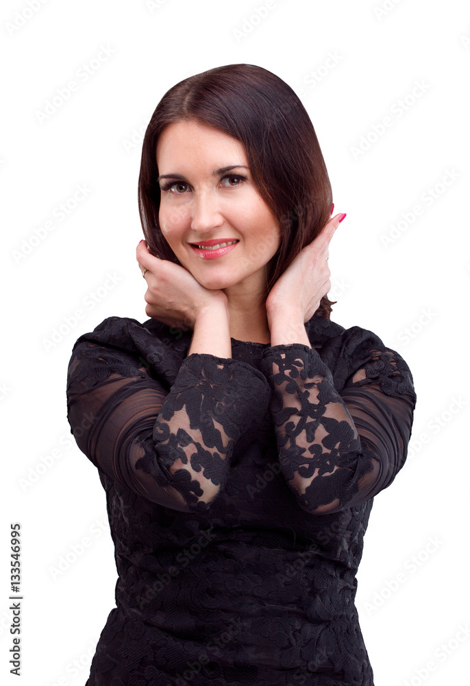 Portrait of beautiful brunette in black dress, isolated on white Portrait of beautiful brunette in black dress, isolated on white