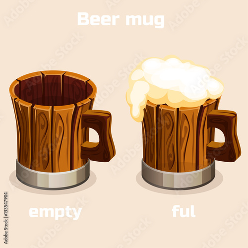 Cartoon old wooden beer mug. Full and empty tankard with beer foam in vector