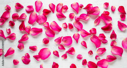 pink petals heart shape on white wooden background