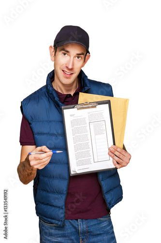 Delivery man holding letter isolated over white background.