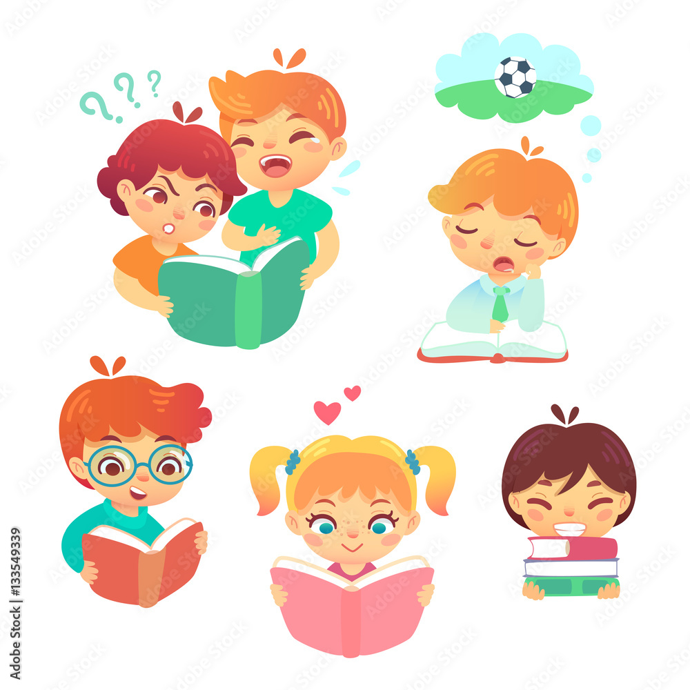 Set of cartoon kids with books in vector. Illustration of children having interest in reading on white background. Pupils studying diligently.