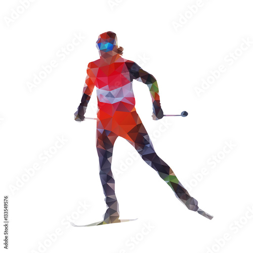 Cross country skiing, woman on skis, abtract polygonal vector si