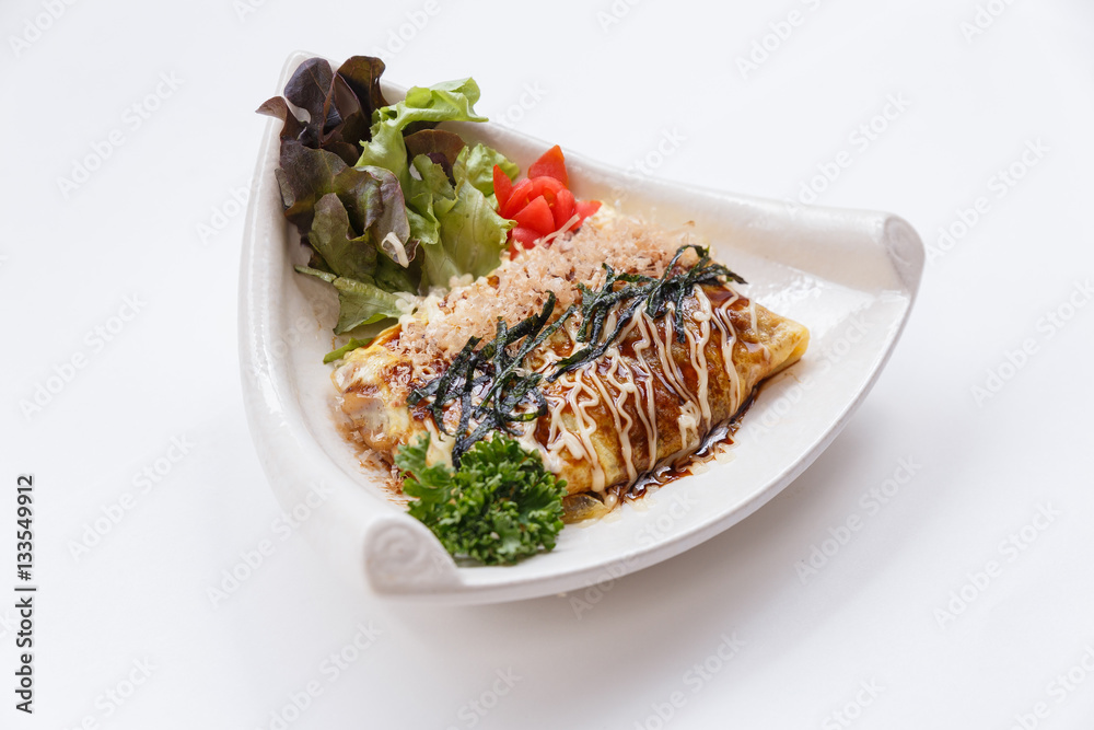 Japanese Omelette with Okonomiyaki Sauce Topping with Katsuobushi