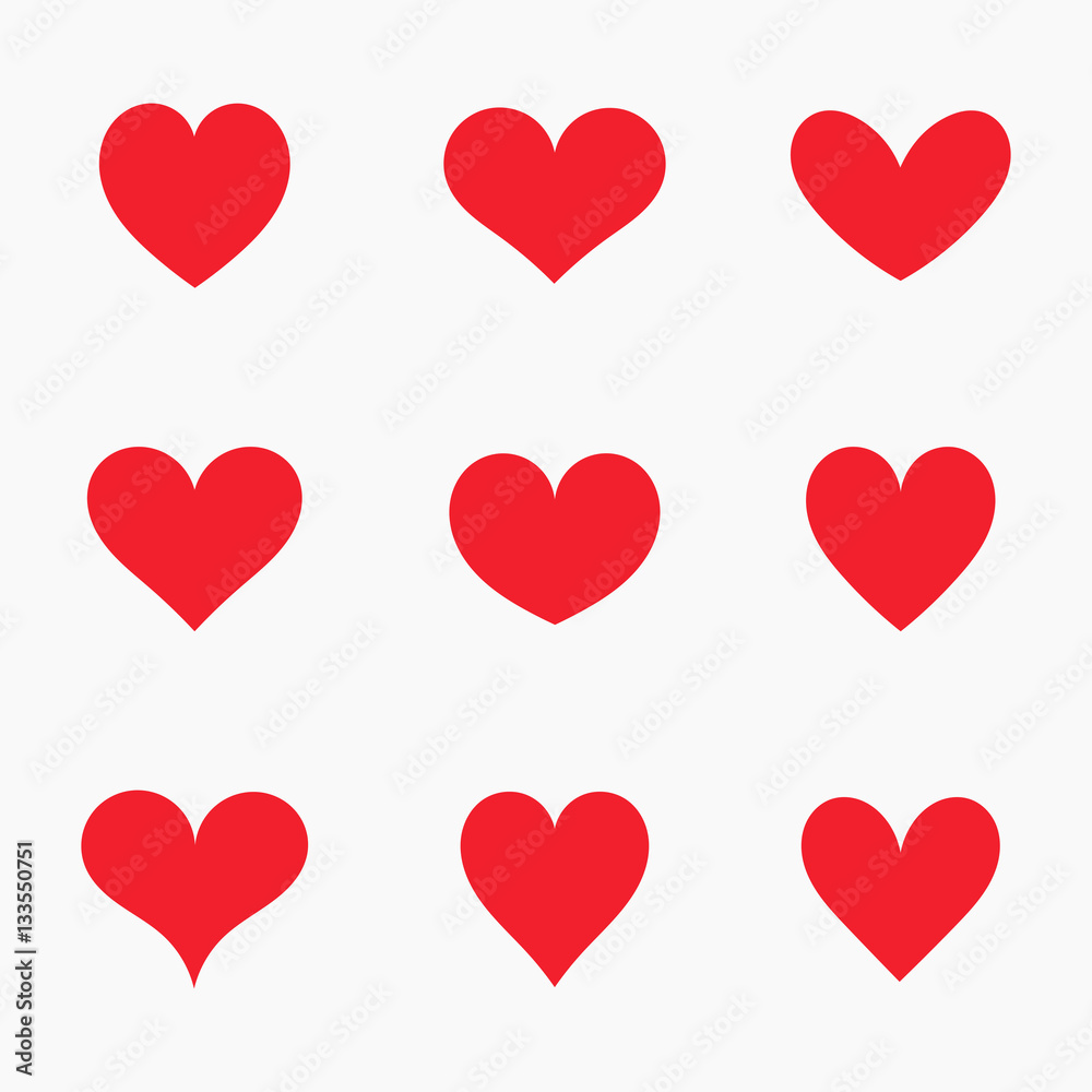 Red hearts icons set. Heart symbols collection. Vector illustration.