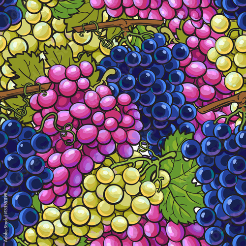Seamless pattern with bunches of white, green, purple grapes, sketch style vector illustration. Hand drawn seamless pattern, background, wrapping paper design with ripe juicy grapes