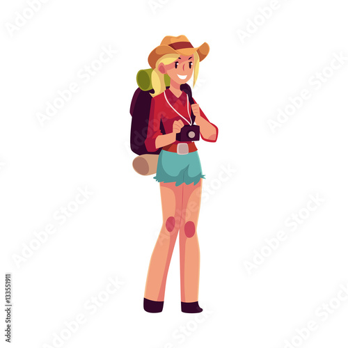 Young pretty girl travelling, hitchhiking with backpack and camera, cartoon illustration isolated on white background. Female backpacker, hitchhiker in cowboy hat and shorts with backpack and camera