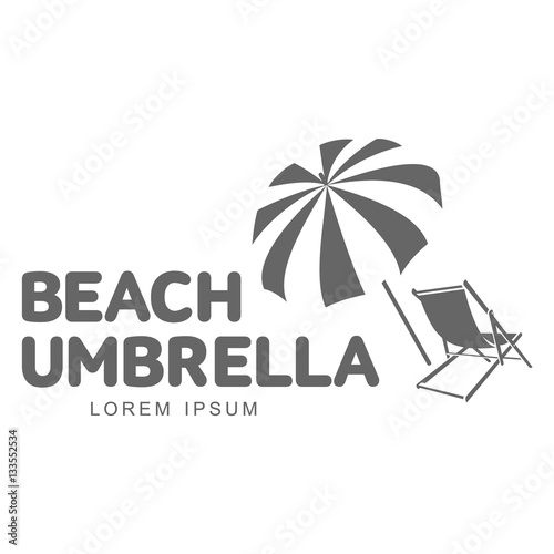 Logo template with beach umbrella and sun bathing lounge chair, vector illustration isolated on white background. Black and white graphic logotype, logo template with sunbathing chair and umbrella