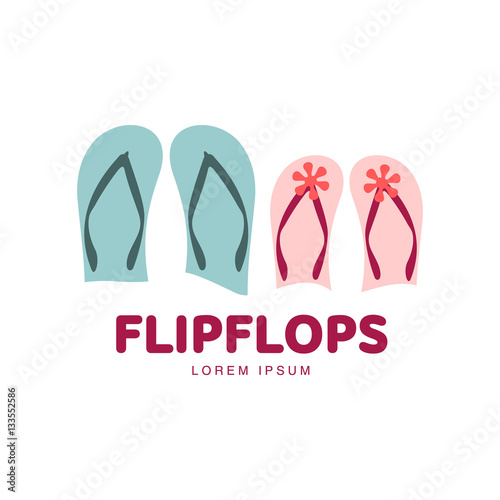 Stylized pair of three colored rubber flip flops logo template, vector illustration isolated on white background. Graphic flip flops, sandals logo design, vacation, holiday, downshifting concept