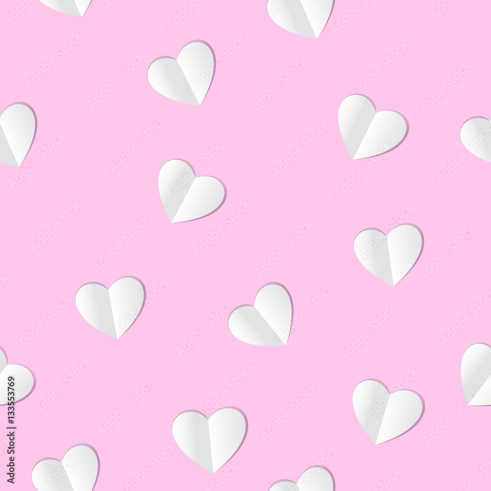 Pink background with paper hearts. Vector.