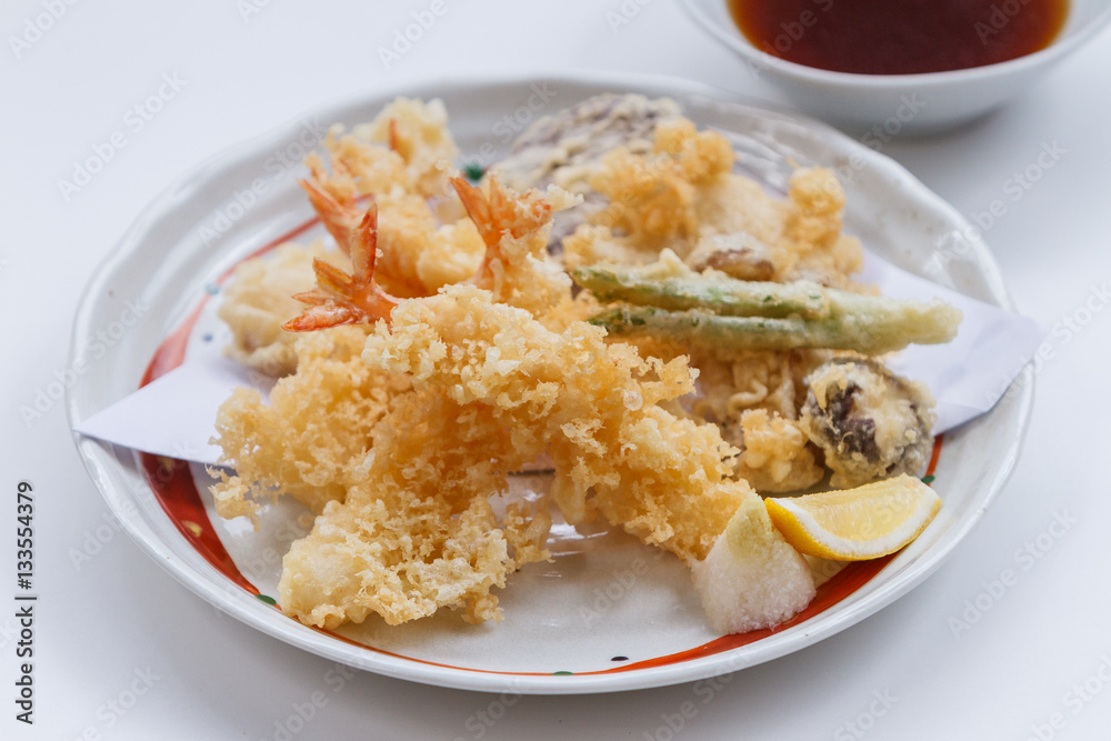 Shrimp and Vegetable (Sweet Potato, Scallion and Daikon) Tempura Served with Tentsuyu, Mince Daikon and Lemon.