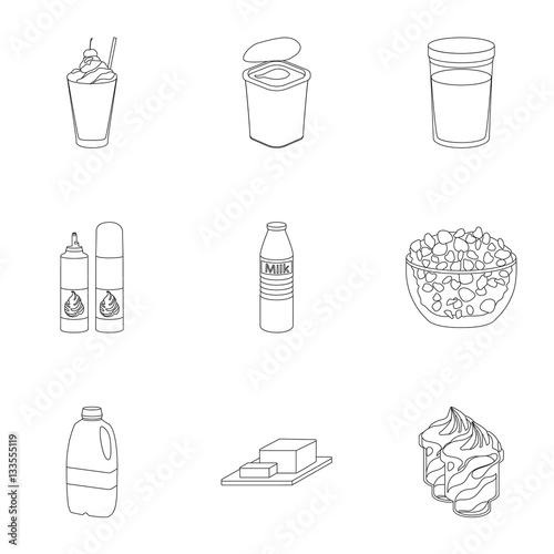 Milk product and sweet set icons in outline style. Big collection of milk product and sweet vector symbol stock illustration