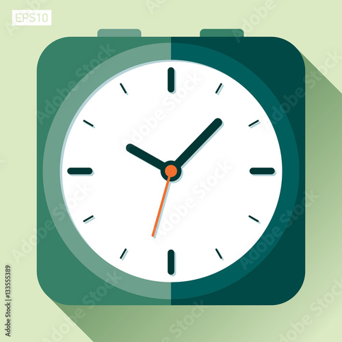 Alarm clock icon in flat style, timer on color background. Vector design element