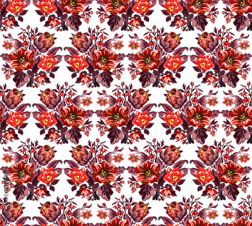 Color bouquet of wildflowers (lilia, bellflower, barberry flower and cornflowers) using traditional Ukrainian embroidery elements. Red tones. Pixel-art. Seamless pattern.