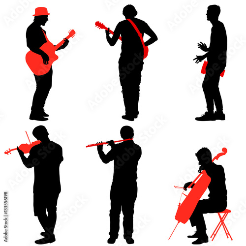 Silhouettes street musicians playing instruments. Vector illustration