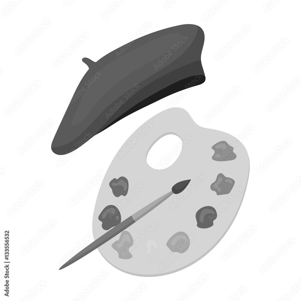Painting palette and beret icon in monochrome style isolated on white ...