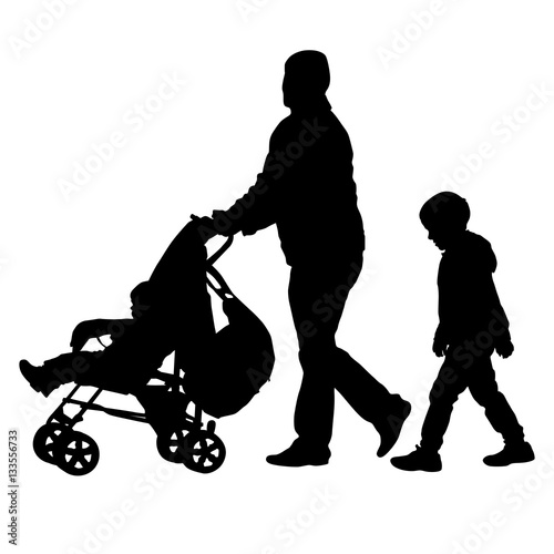 Black silhouettes Family with pram on white background. Vector illustration