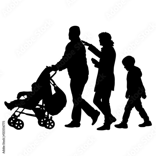 Black silhouettes Family with pram on white background. Vector illustration