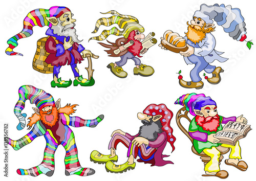 colorful set of six dwarfs, sitting, reading, carries paper , with a basket, a chef, with sock on his head