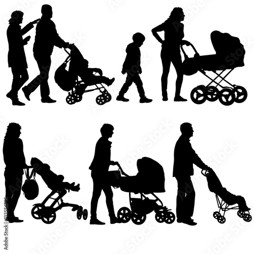 Set black silhouettes Family with pram on white background. Vector illustration