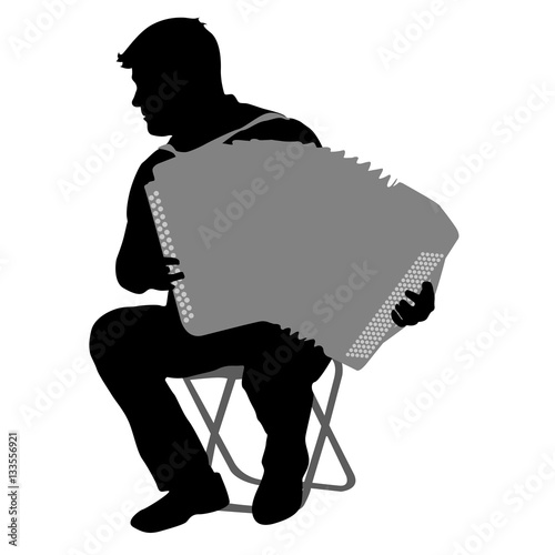 Silhouette musician, accordion player on white background, vector illustration