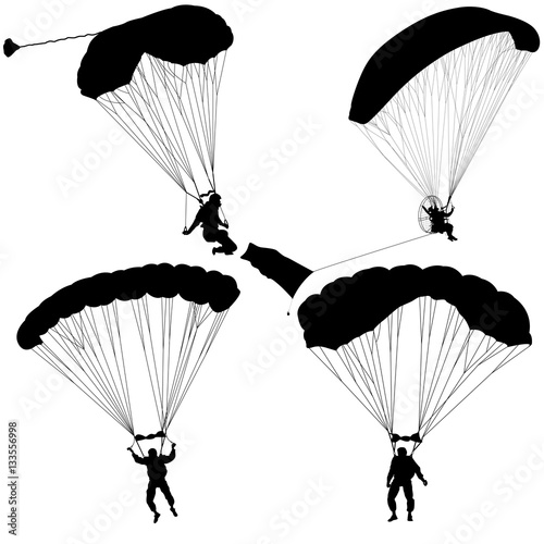 Set skydiver, silhouettes parachuting vector illustration