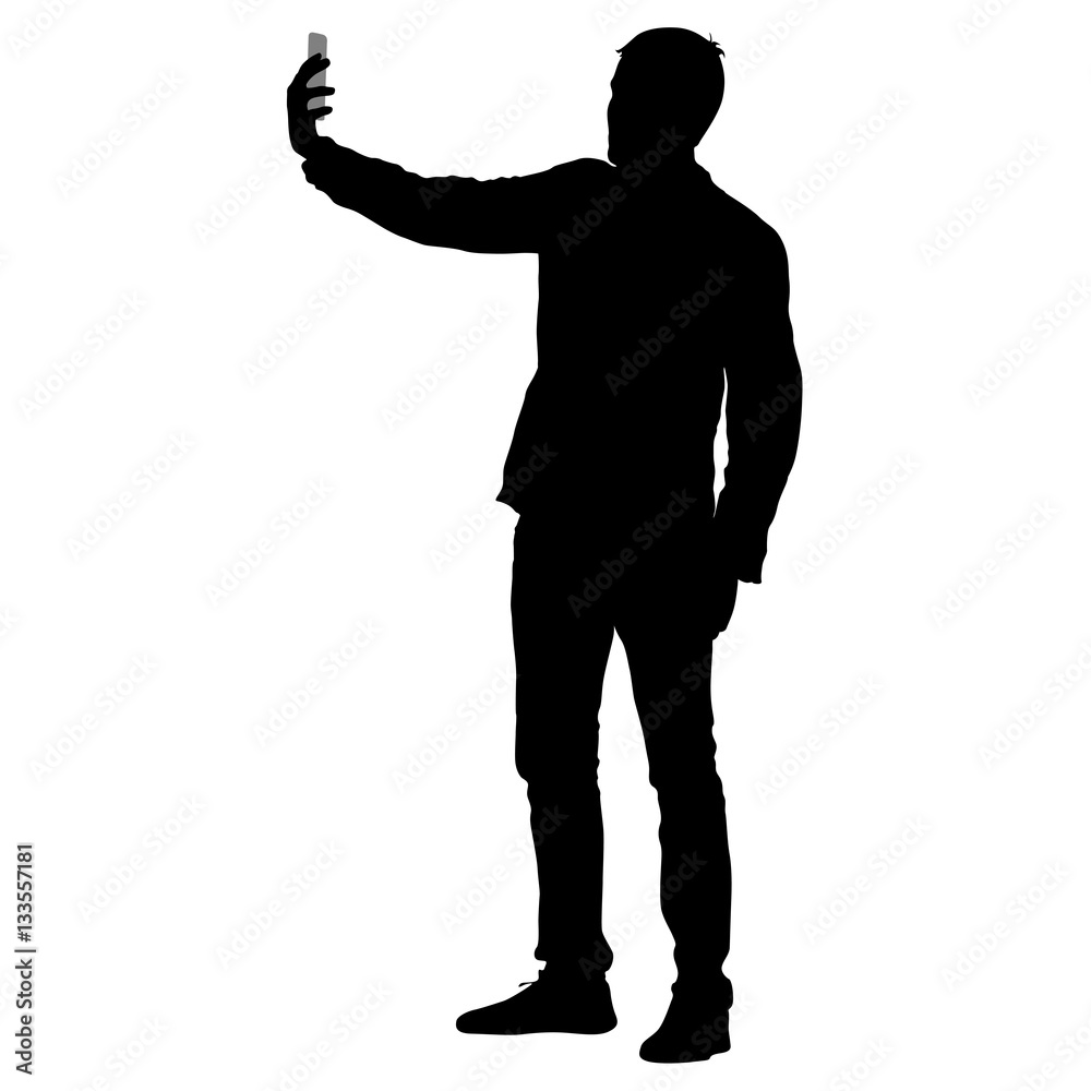 Silhouettes man taking selfie with smartphone on white background. Vector illustration