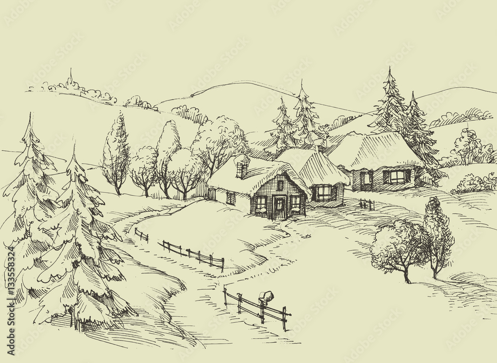 Small village idyllic landscape. Beautiful valley sketched