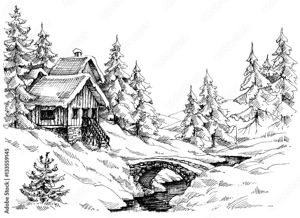 Mountain cabin in the woods near river. Idyllic landscape