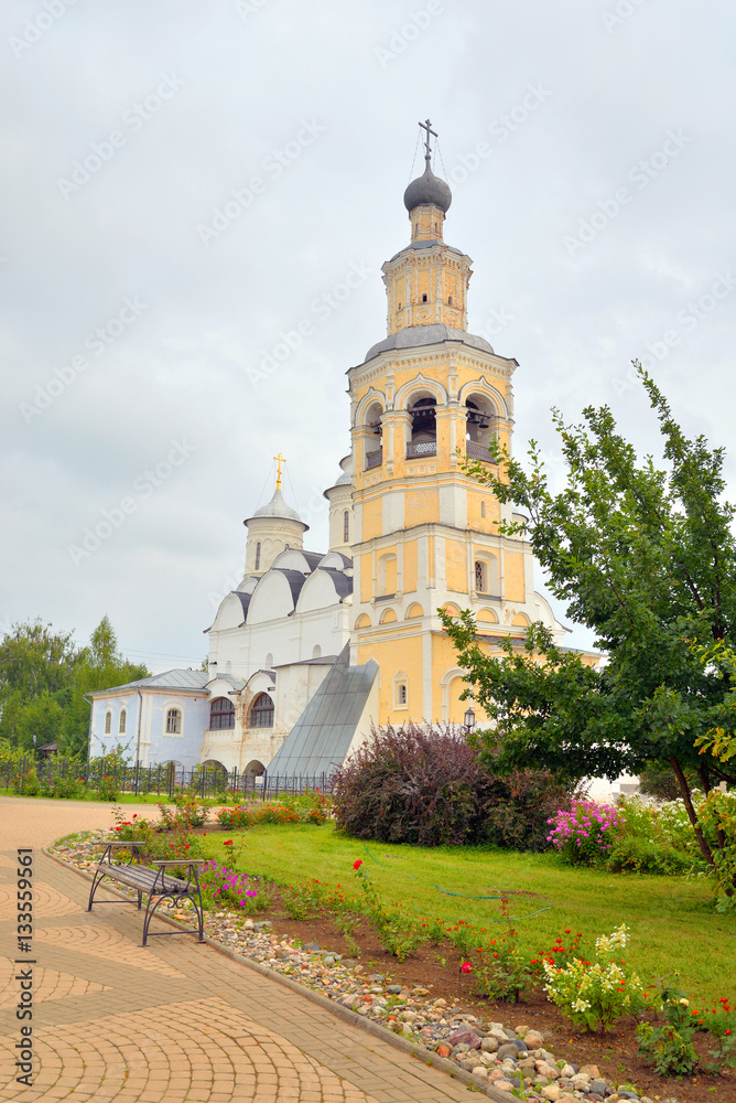 Spassky Cathedral with bell tower in Saviour Priluki Monastery by cloud day near Vologda, Russia.