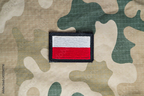 Polish flag on a military uniform in desert camouflage