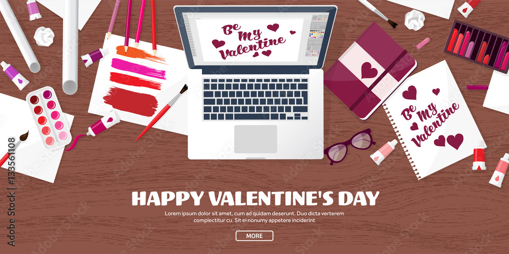 Obraz premium Flat background with paper, envelope. Love, hearts. Valentines day. Be my valentine. 14 february.Vector illustration.