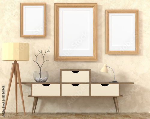 Mock up retro interior. Light wooden cabinet with dark legs and