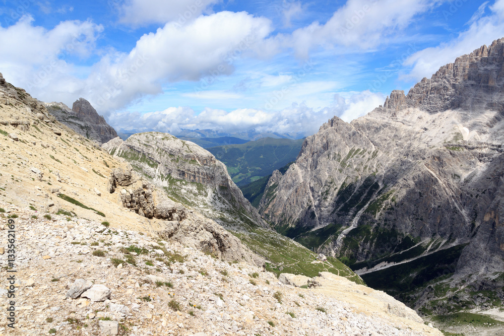 Alpine Hut Zsigmondyhütte, valley Fischleintal and mountains panorama in Sexten Dolomites, South Tyrol, Italy