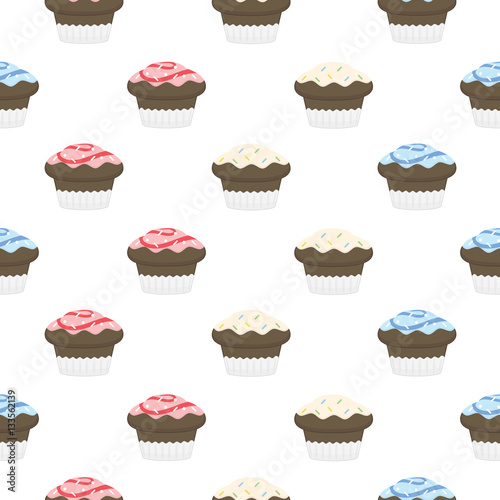 Colorful seamless pattern. Chocolate muffins with glaze and spri