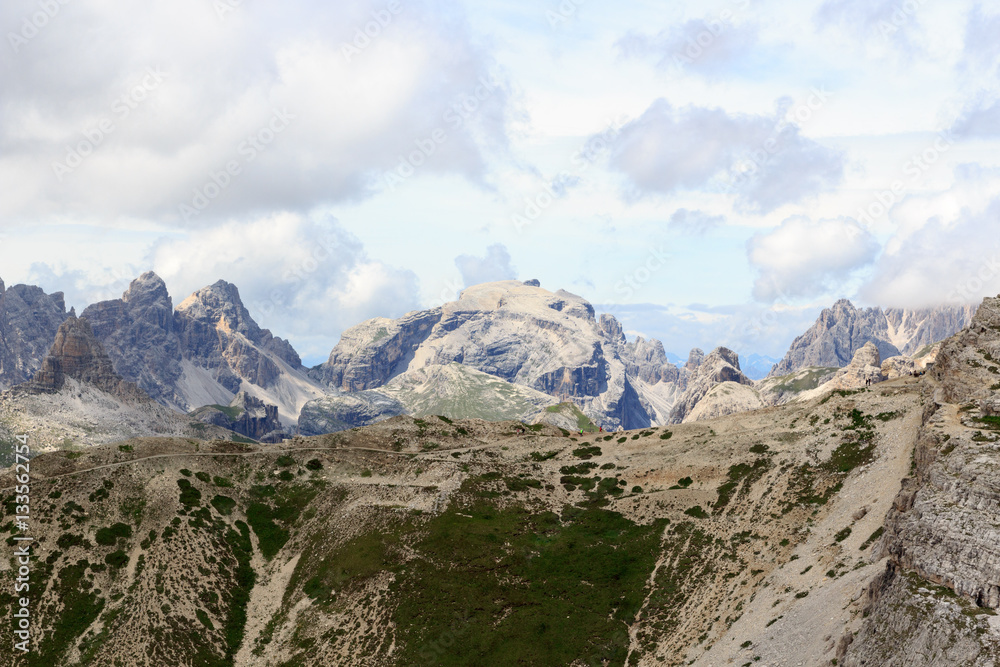 Mountain Birkenkofel panorama and footpath at Büllelejoch in Sexten Dolomites, South Tyrol, Italy