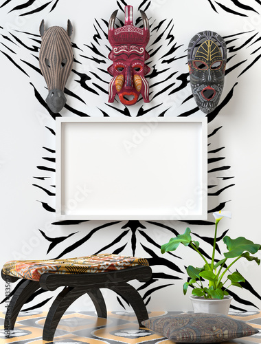 Mock up Tribal interior. Wooden chair with soft colorful pillow.