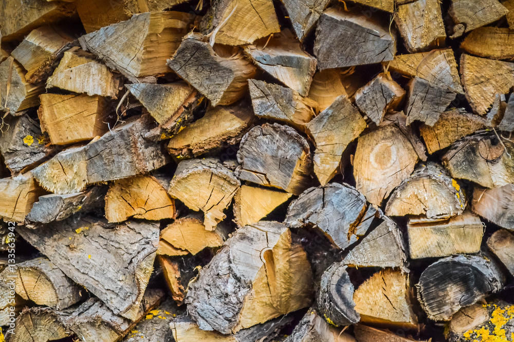 Fototapeta premium Background of firewood stacked in the cut wood.