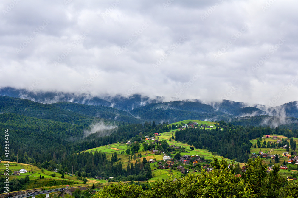 
Evaporation water over spruce forest in the morning after rain. Carpathian mountains. Village Vorokhta. Ukraine