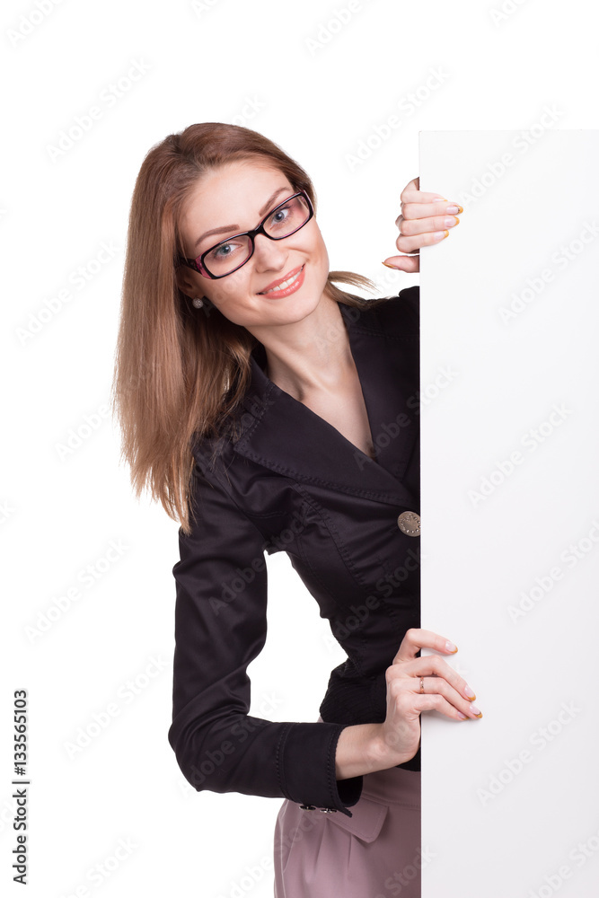 Young smiling woman with blank board Young smiling woman with blank board