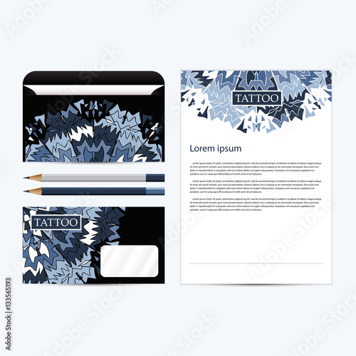 Corporate concept identity Tattoo salon template set black. Diamond business stationery mock-up. Branding design.Vector illustration.