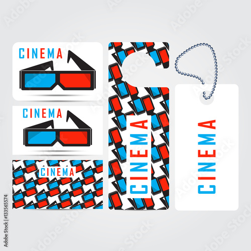 Cinema 3d corporate concept identity template set. Business stationery mock-up. Branding design. Letter envelope, card, banner, label, pen, pencil, badge,  letterhead. Vector illustration.