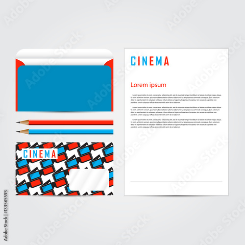 Cinema 3d corporate concept identity template set. Business stationery mock-up. Branding design. Letter envelope, card, banner, label, pen, pencil, badge,  letterhead. Vector illustration.