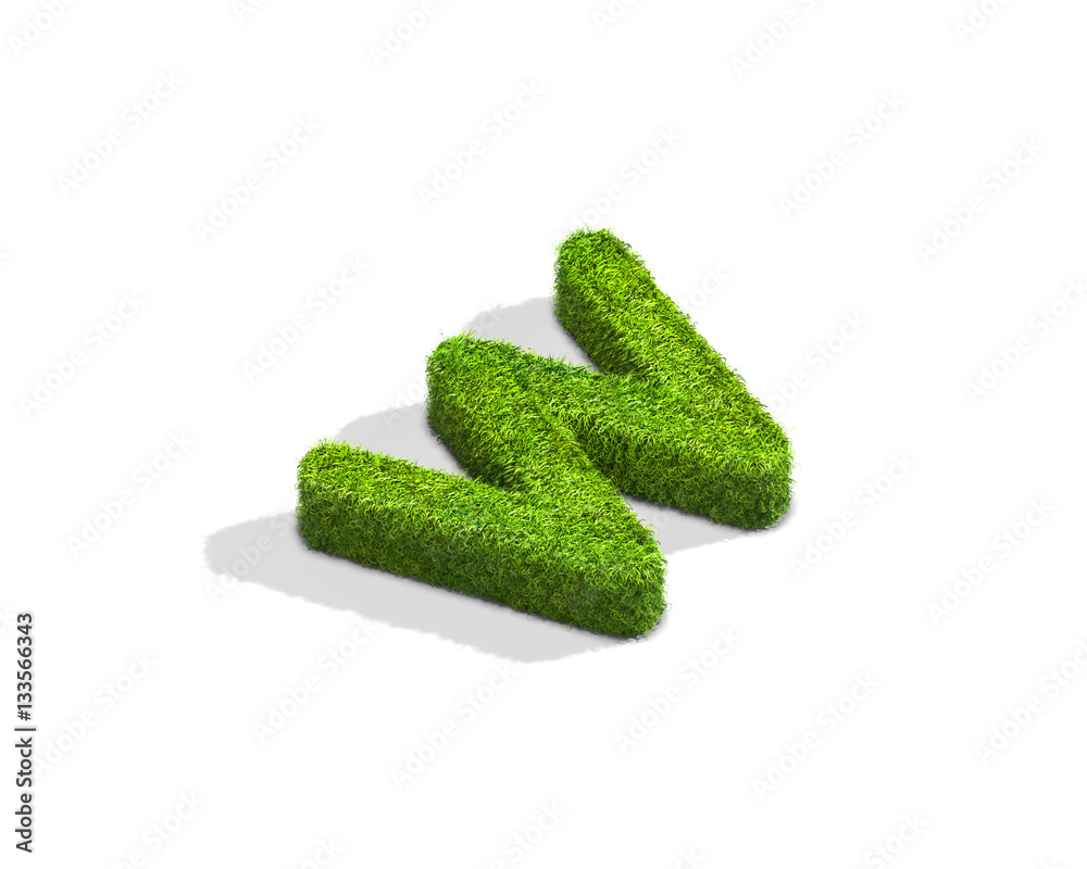 Grass letter W in lowercase format from isometric angle with shadow on ground. Grass letter W in lowercase format from isometric angle with shadow on ground.
